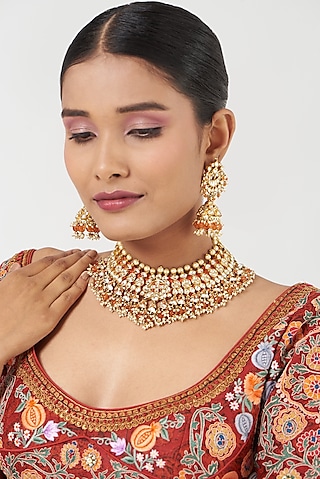 Gold Finish Orange Beaded Necklace Set by Kreart