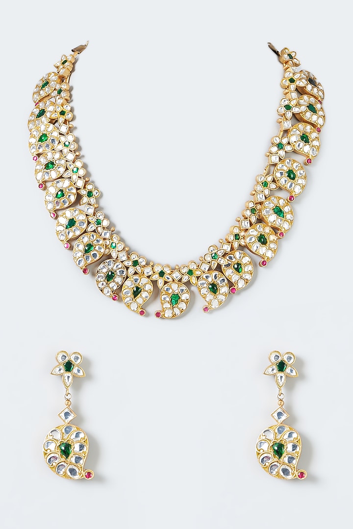 Gold Finish Kundan Polki Necklace Set by Kreart at Pernia's Pop Up Shop