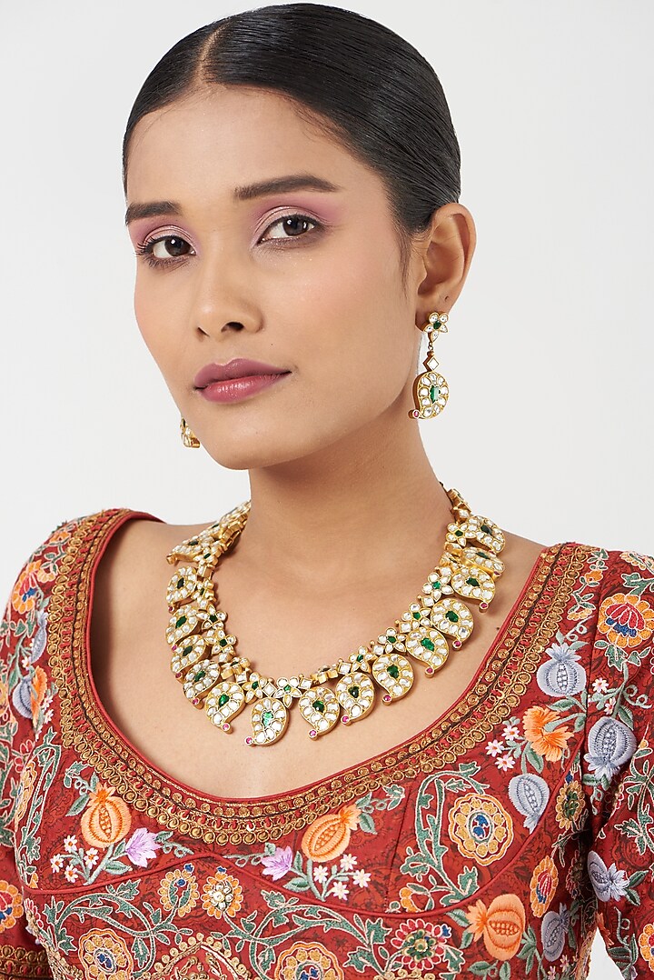 Gold Finish Kundan Polki Necklace Set by Kreart at Pernia's Pop Up Shop