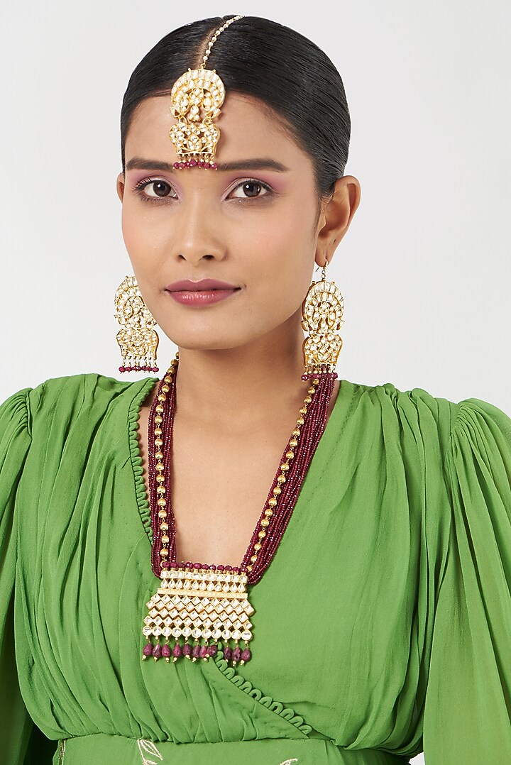 Gold Finish Ruby Beaded Necklace Set by Kreart at Pernia's Pop Up Shop