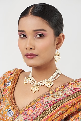 Gold Finish Pearls Necklace Set by Kreart