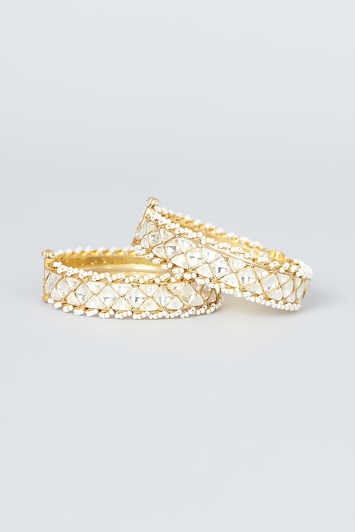 Gold Finish Kundan Polki & Pearl Beads Bangles (Set Of 2) by Kreart at Pernia's Pop Up Shop