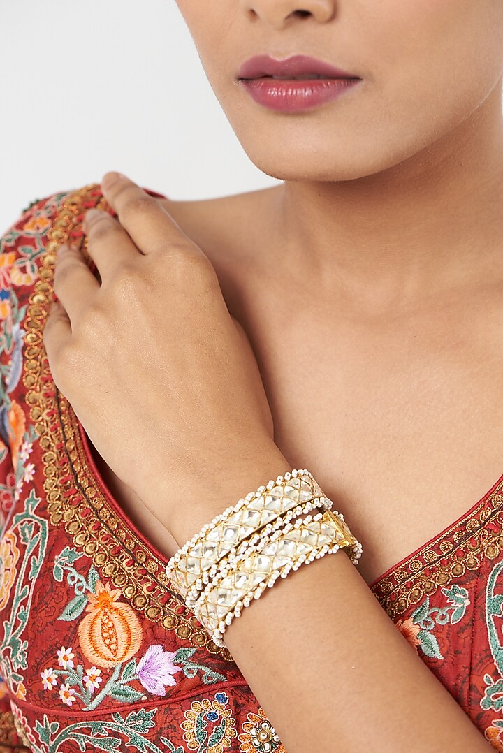Gold Finish Kundan Polki & Pearl Beads Bangles (Set Of 2) by Kreart at Pernia's Pop Up Shop