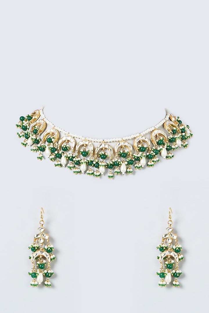 Gold Finish Kundan Polki & Green Beaded Necklace Set by Kreart at Pernia's Pop Up Shop