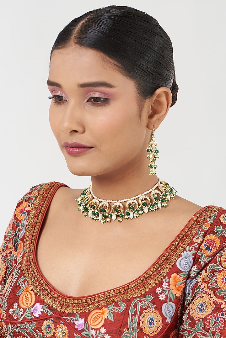Gold Finish Kundan Polki & Green Beaded Necklace Set by Kreart at Pernia's Pop Up Shop