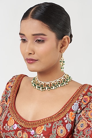 Gold Finish Kundan Polki & Green Beaded Necklace Set by Kreart