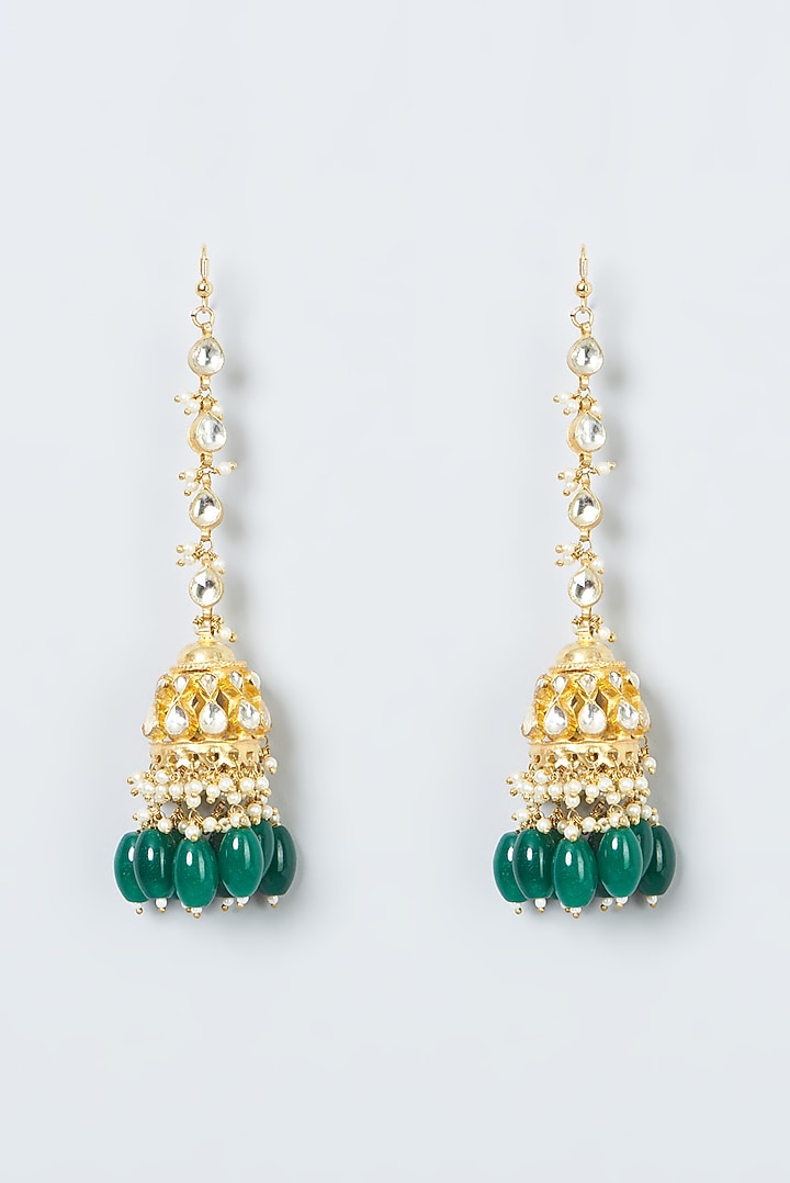 Gold Finish Kundan Polki & Green Beaded Jhumka Earrings by Kreart at Pernia's Pop Up Shop