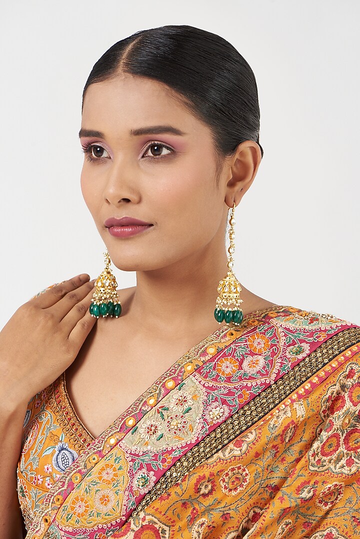 Gold Finish Kundan Polki & Green Beaded Jhumka Earrings by Kreart at Pernia's Pop Up Shop