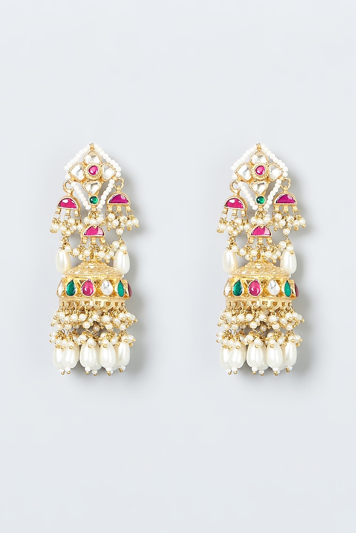 Gold Finish Kundan Polki & Pearls Jhumka Earrings by Kreart at Pernia's Pop Up Shop