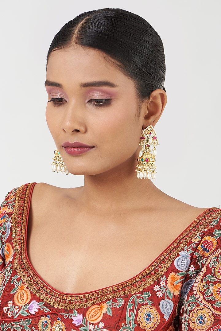 Gold Finish Kundan Polki & Pearls Jhumka Earrings by Kreart at Pernia's Pop Up Shop