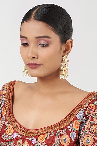 Gold Finish Kundan Polki & Pearls Jhumka Earrings by Kreart