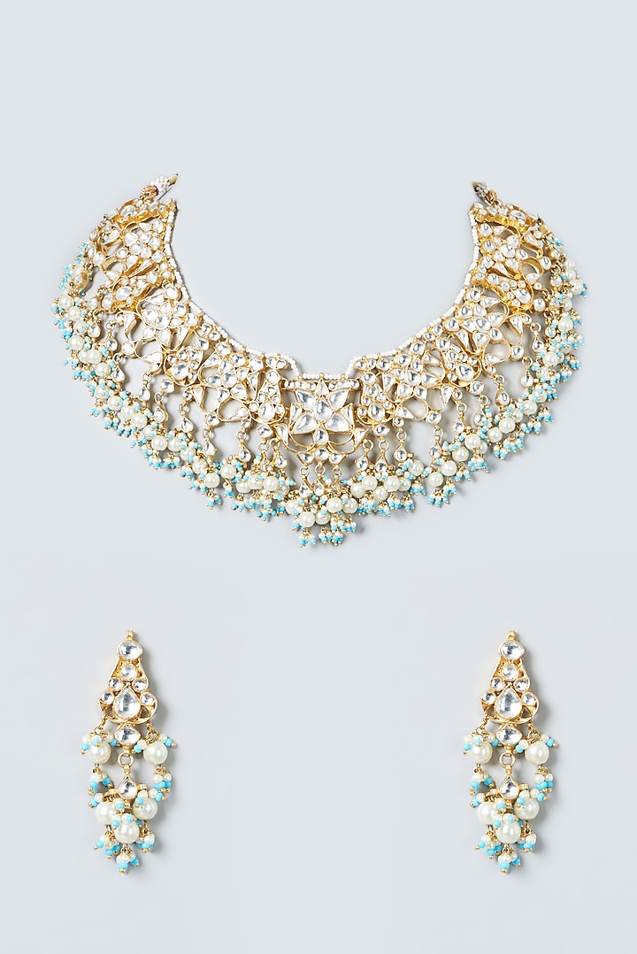 Gold Finish Kundan Polki & Firoza Beads Necklace Set by Kreart at Pernia's Pop Up Shop