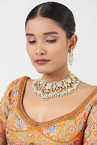 Gold Finish Kundan Polki & Firoza Beads Necklace Set by Kreart