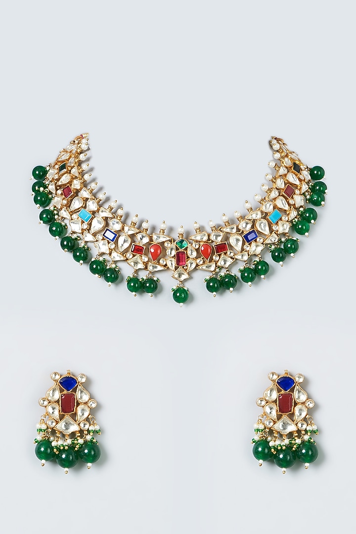 Gold Finish Navratna Stones Necklace Set by Kreart at Pernia's Pop Up Shop