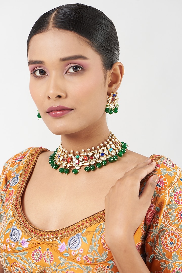 Gold Finish Navratna Stones Necklace Set by Kreart at Pernia's Pop Up Shop