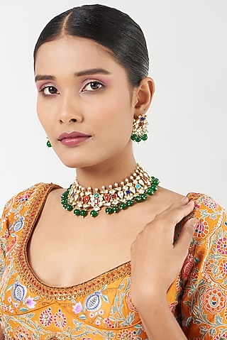 Gold Finish Navratna Stones Necklace Set by Kreart