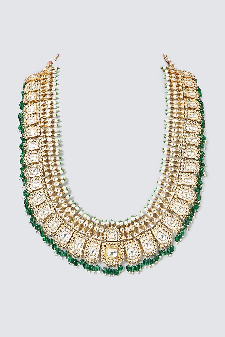 Gold Finish Green Beads & Kundan Polki Necklace by Kreart at Pernia's Pop Up Shop