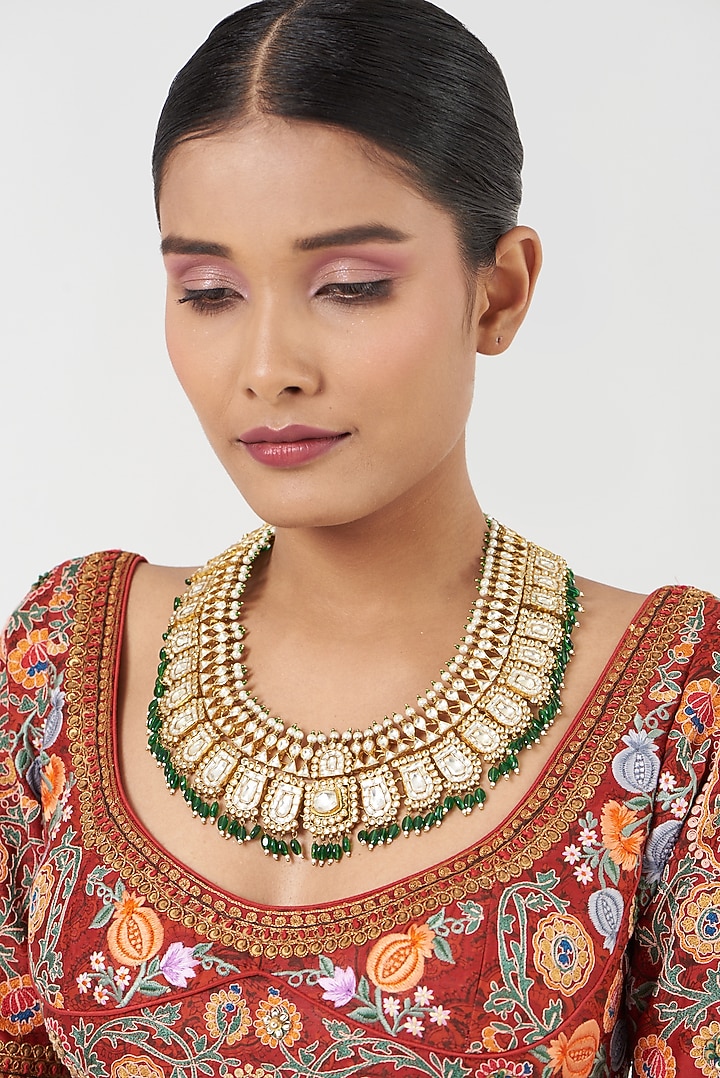 Gold Finish Green Beads & Kundan Polki Necklace by Kreart at Pernia's Pop Up Shop