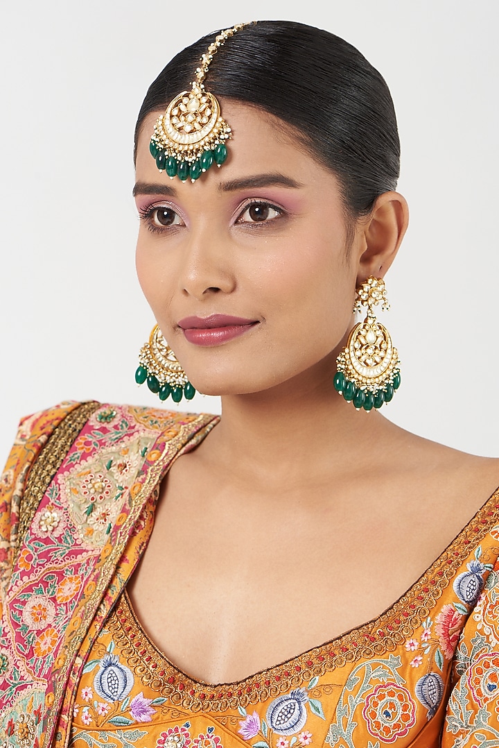 Gold Finish Green Beaded Maang Tikka & Earrings by Kreart at Pernia's Pop Up Shop