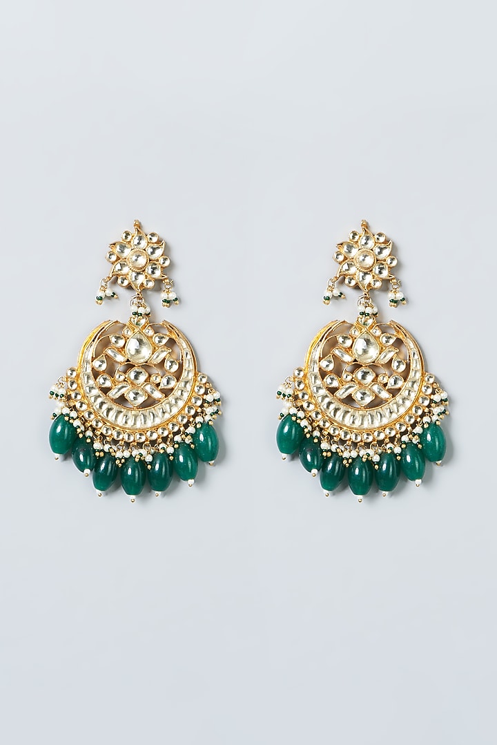 Gold Finish Green Beaded Maang Tikka & Earrings by Kreart at Pernia's Pop Up Shop
