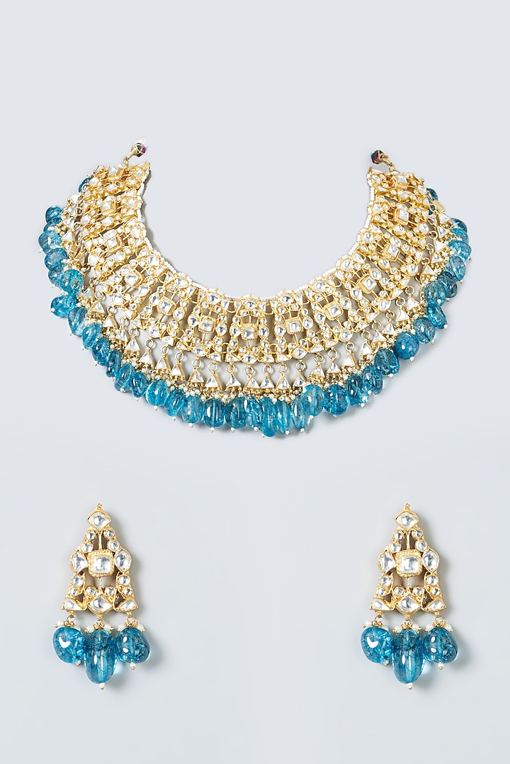 Gold Finish Sapphire Stones Necklace Set by Kreart at Pernia's Pop Up Shop