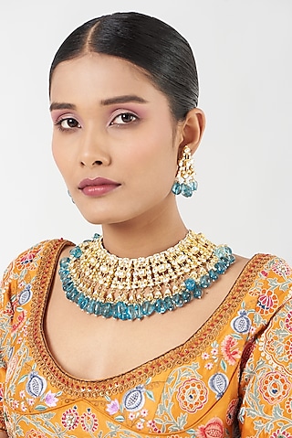 Gold Finish Sapphire Stones Necklace Set by Kreart