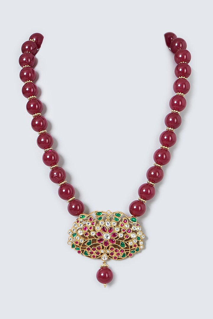 Gold Finish Red Beads & Kundan Polki Necklace by Kreart at Pernia's Pop Up Shop
