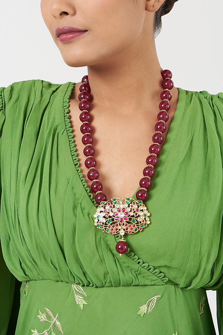 Gold Finish Red Beads & Kundan Polki Necklace by Kreart at Pernia's Pop Up Shop