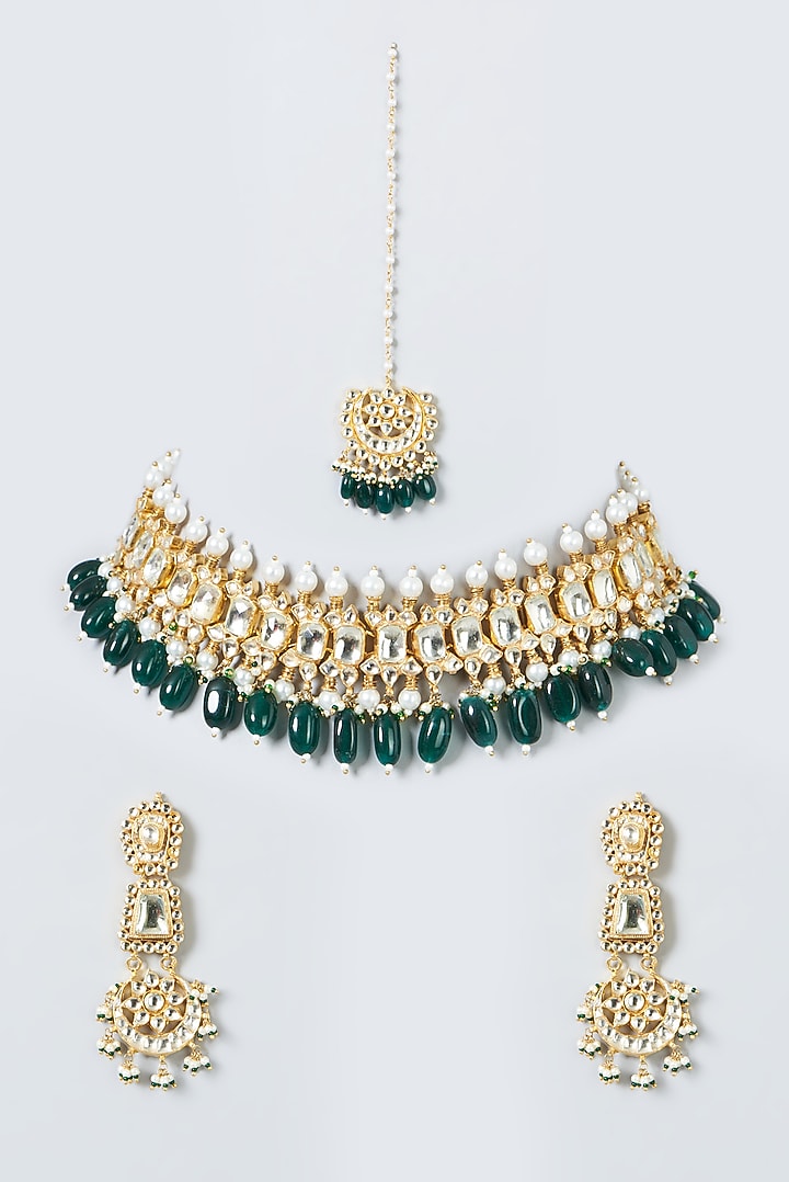 Gold Finish Kundan Polki & Green Beads Necklace Set by Kreart at Pernia's Pop Up Shop