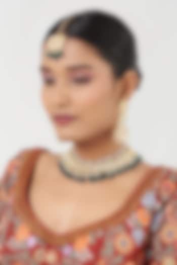 Gold Finish Kundan Polki & Green Beads Necklace Set by Kreart at Pernia's Pop Up Shop