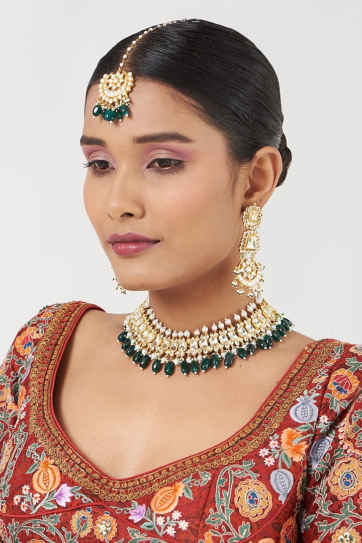 Gold Finish Kundan Polki & Green Beads Necklace Set by Kreart at Pernia's Pop Up Shop