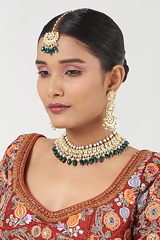 Gold Finish Kundan Polki & Green Beads Necklace Set by Kreart