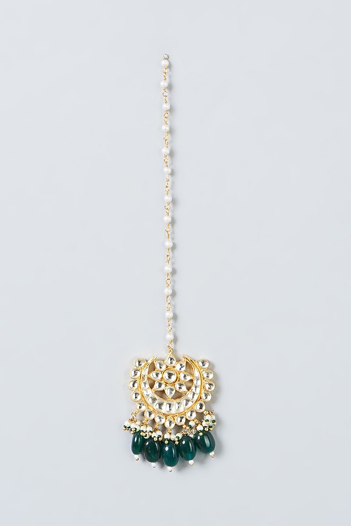 Gold Finish Kundan Polki & Green Beads Necklace Set by Kreart at Pernia's Pop Up Shop