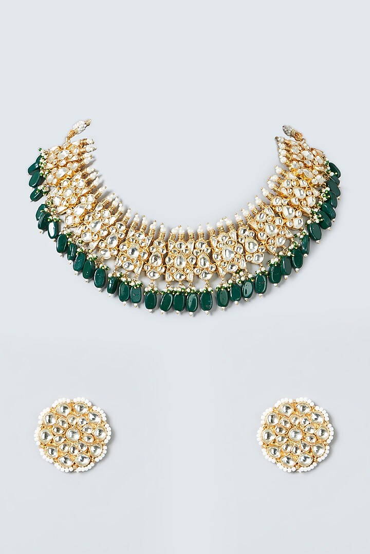 Gold Finish Green Beads & Kundan Polki Necklace by Kreart at Pernia's Pop Up Shop