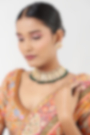 Gold Finish Green Beads & Kundan Polki Necklace by Kreart at Pernia's Pop Up Shop