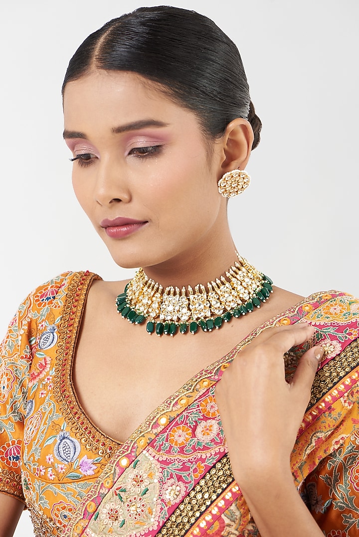 Gold Finish Green Beads & Kundan Polki Necklace by Kreart at Pernia's Pop Up Shop
