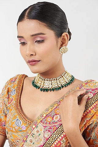 Gold Finish Green Beads & Kundan Polki Necklace by Kreart