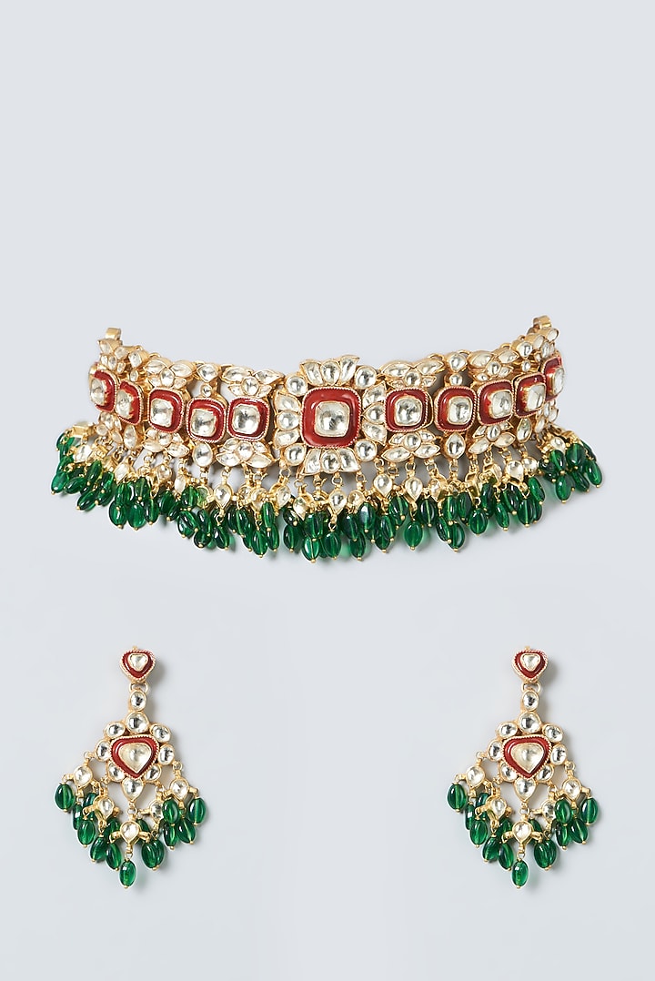 Gold Finish Red Enameled Necklace Set by Kreart at Pernia's Pop Up Shop