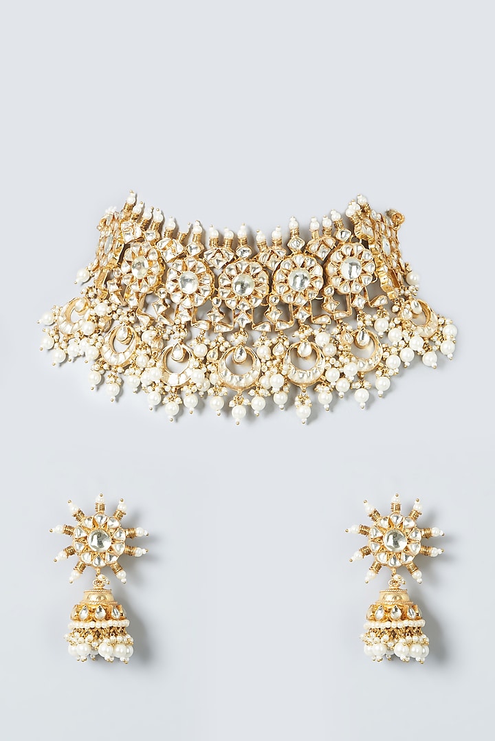 Kreart - Gold Finish Kundan Polki & Pearl String Long Designer Necklace Set for Women at Pernia's Pop-Up Shop