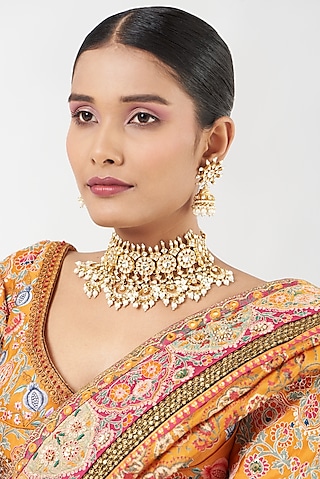 Gold Finish Kundan Polki & Pearls Necklace Set by Kreart