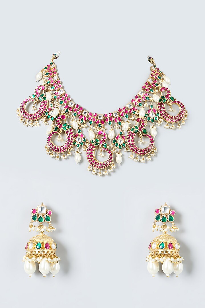 Gold Finish Multi-Colored Kundan Polki Necklace Set by Kreart at Pernia's Pop Up Shop