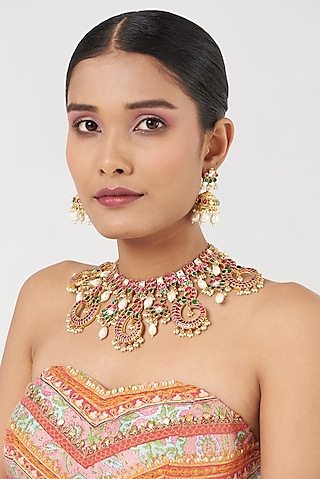 Gold Finish Multi-Colored Kundan Polki Necklace Set by Kreart