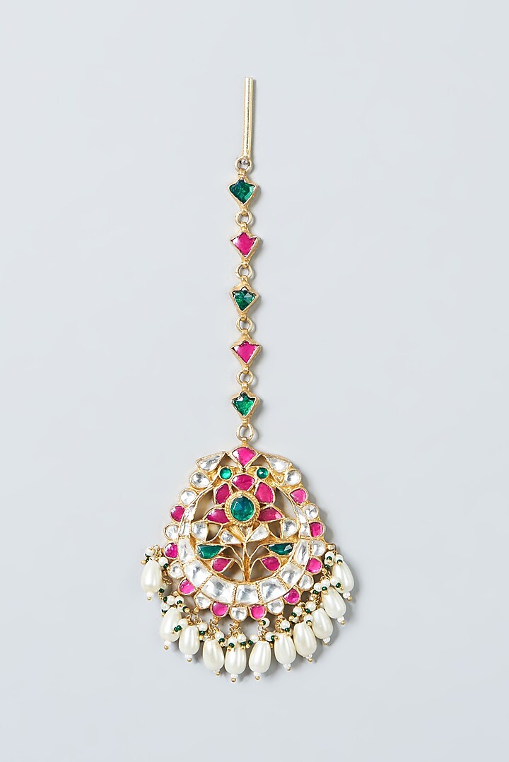 Gold Finish Multi-Colored Kundan Polki Maang Tikka by Kreart at Pernia's Pop Up Shop