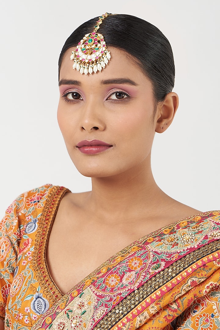 Gold Finish Multi-Colored Kundan Polki Maang Tikka by Kreart at Pernia's Pop Up Shop