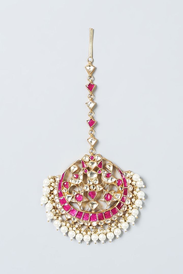 Gold Finish Kundan Polki & Pearls Maang Tikka by Kreart at Pernia's Pop Up Shop