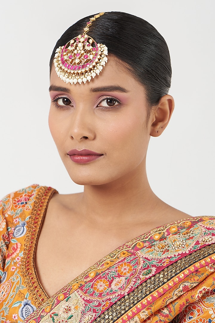 Gold Finish Kundan Polki & Pearls Maang Tikka by Kreart at Pernia's Pop Up Shop