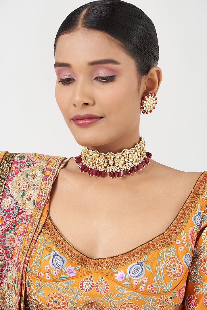 Gold Finish Kundan Polki Necklace Set by Kreart at Pernia's Pop Up Shop