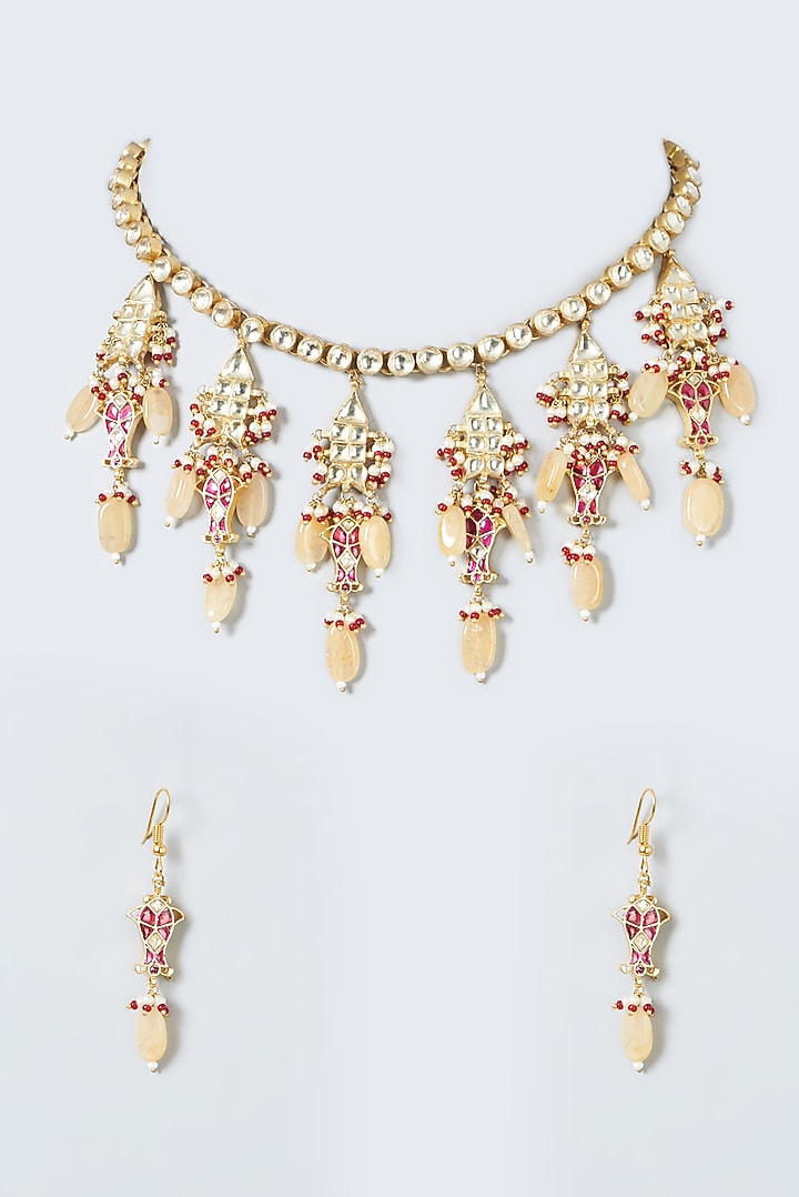 Gold Finish Necklace Set With Kundan Polki by Kreart at Pernia's Pop Up Shop