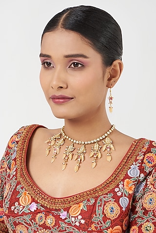 Gold Finish Necklace Set With Kundan Polki by Kreart