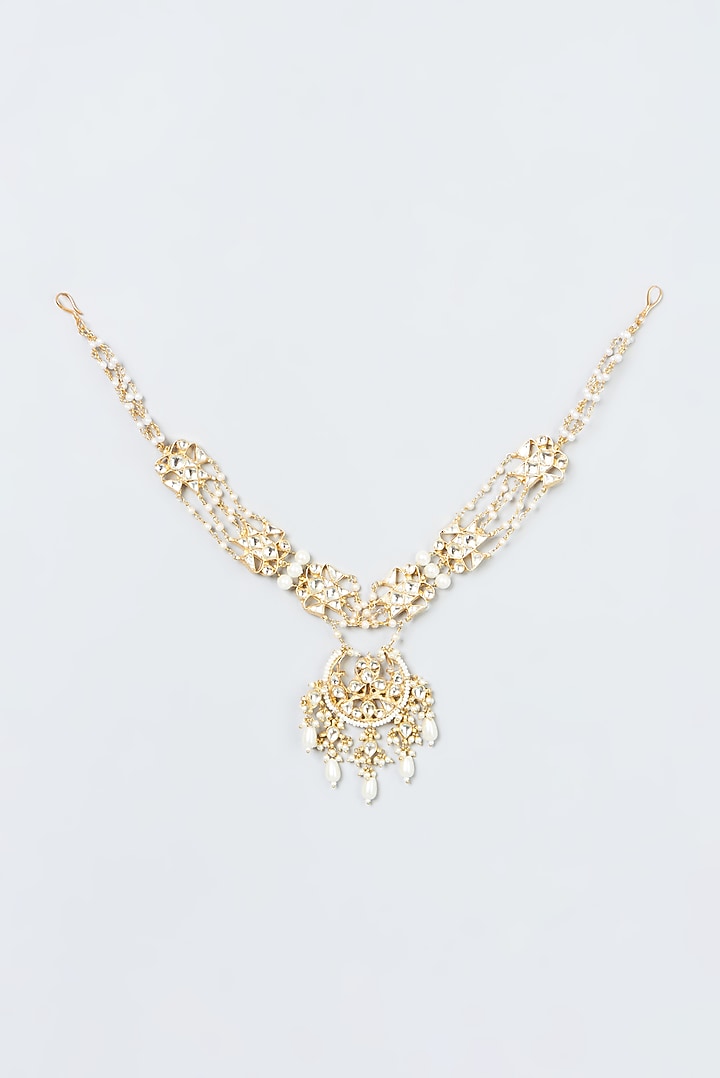 Gold Finish Kundan Polki & Pearl Beads Head Piece by Kreart at Pernia's Pop Up Shop